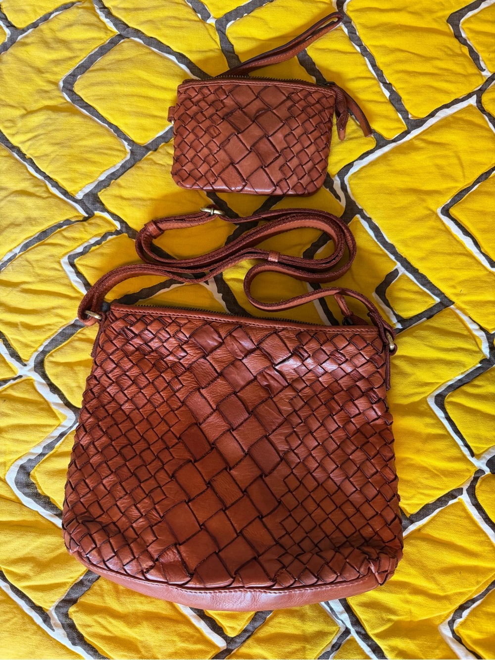 Woven Leather Crossbody Bag with Wristlet - Brown